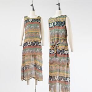 Vintage 90s Sheer Striped Elephant Turtle Floral Print Bohemian Maxi Dress M